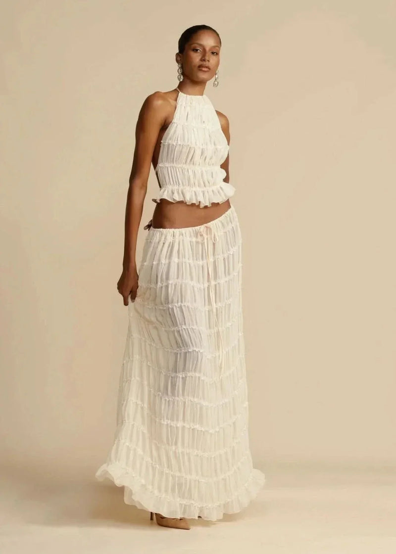Conjunto de verano de dos piezas para mujer con falda bohemia y top sin hombros – Alina