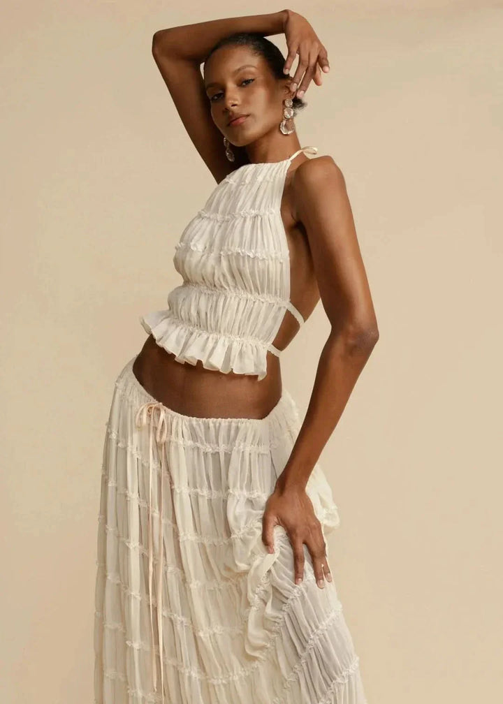 Conjunto de verano de dos piezas para mujer con falda bohemia y top sin hombros – Alina