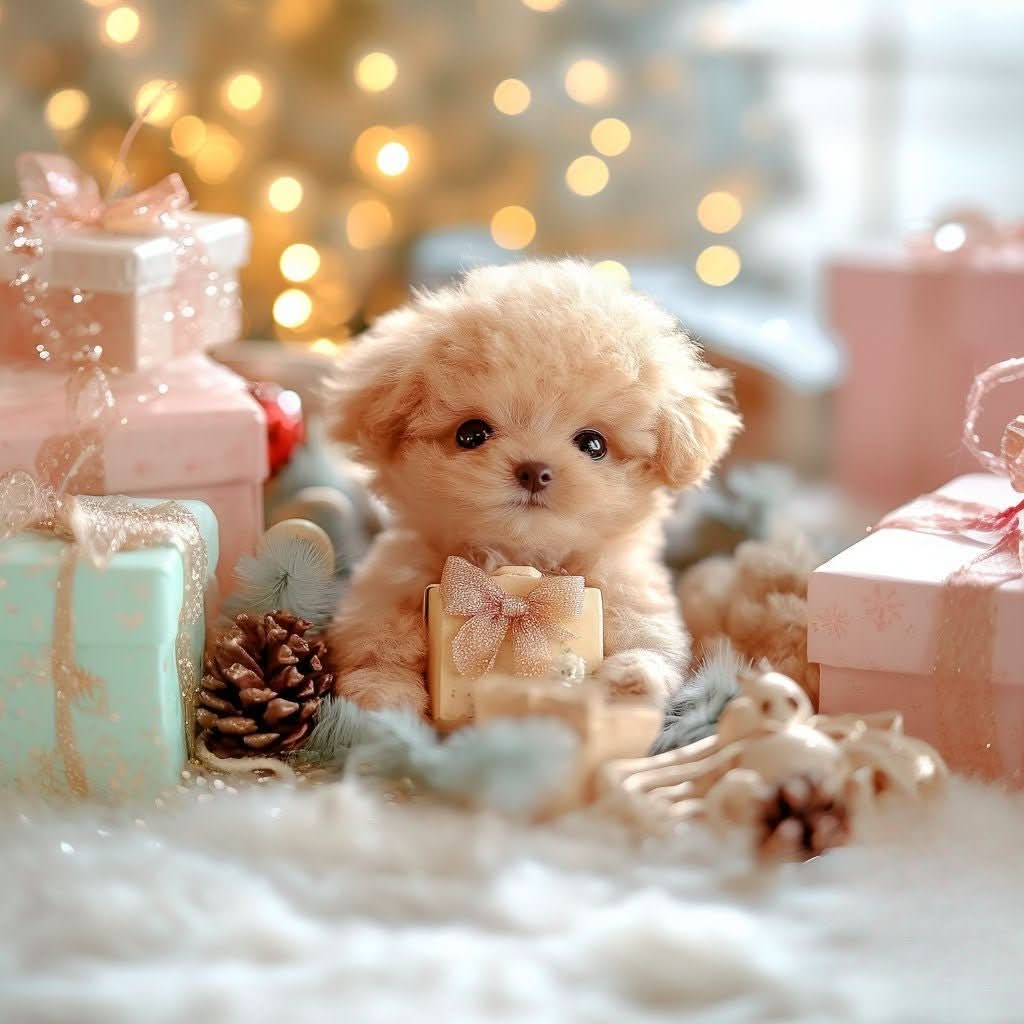 Hellbrauner Plüschwelpe sitzt mit einem kleinen Geschenk zwischen verpackten Päckchen und Tannenzapfen, im Hintergrund funkelnde Lichter. 3