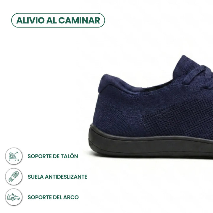 Seitliche Detailansicht der Ferse eines marineblauen Mesh-Sneakers mit schwarzer Sohle, ergänzt durch Symbole zu Fersenhalt, rutschfester Sohle und Fußgewölbe. 22