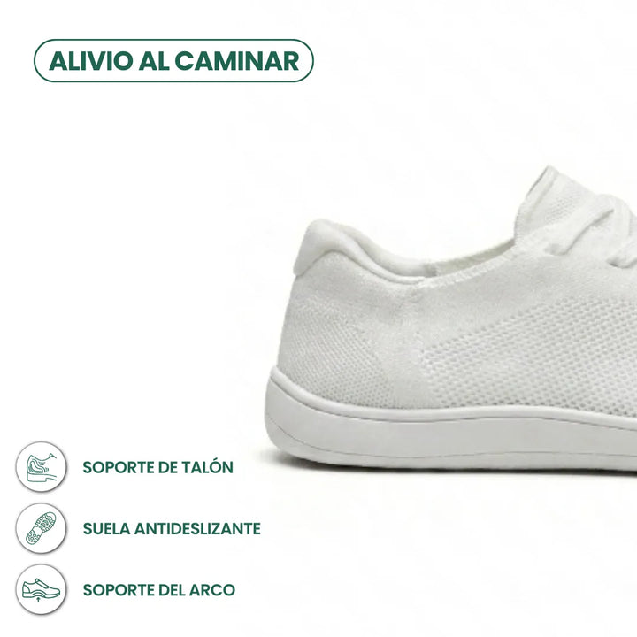 Seitliche Detailansicht der Ferse eines weißen Mesh-Sneakers mit weißer Sohle, ergänzt durch Symbole zu Fersenhalt, rutschfester Sohle und Fußgewölbe. 40