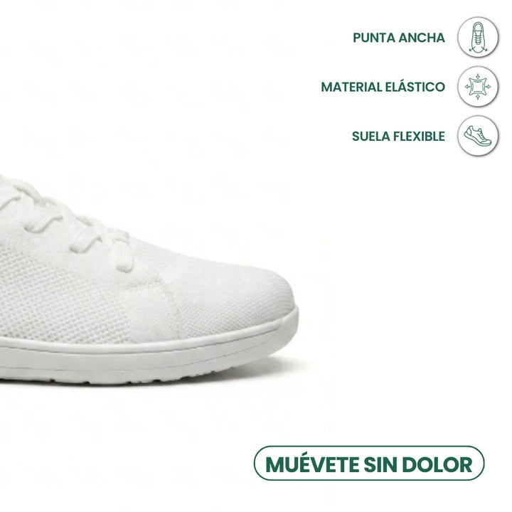 Nahaufnahme der weiten Zehenbox eines weißen Mesh-Sneakers mit flacher, flexibler Sohle, daneben Symbole zu den Eigenschaften des Schuhs. 41
