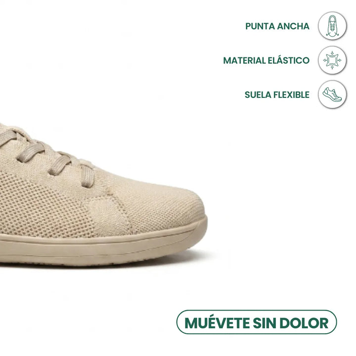 Beiger Sneaker, Zehenpartie im Ausschnitt, mit Symbolen für breite Spitze, elastisches Material und flexible Sohle. 5