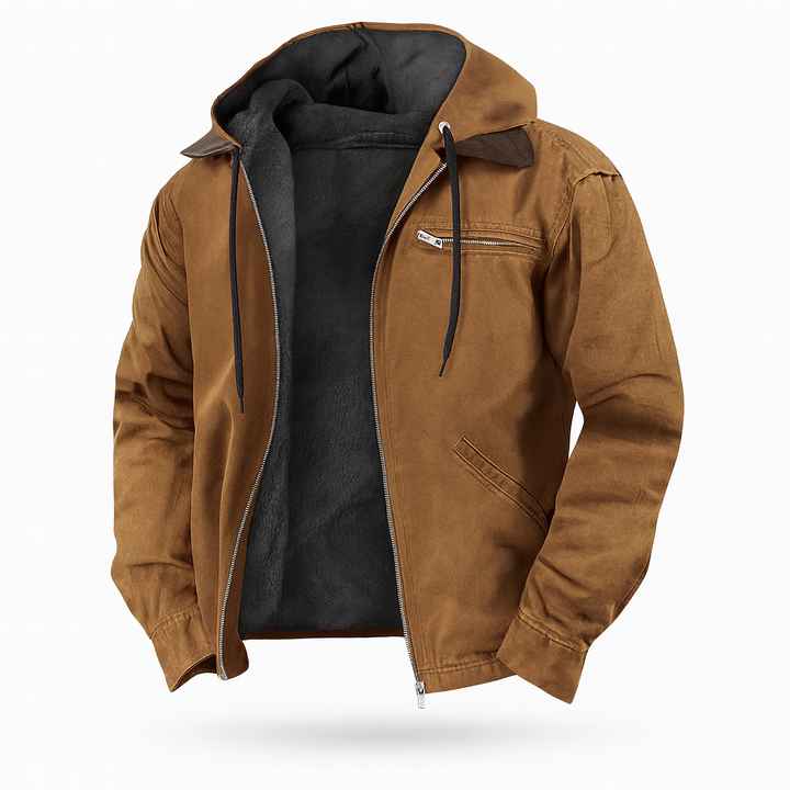Offene Jacke in Camelbraun mit dunklem Plüschfutter, Kapuze und Kordel, vor weißem Hintergrund freigestellt. 1