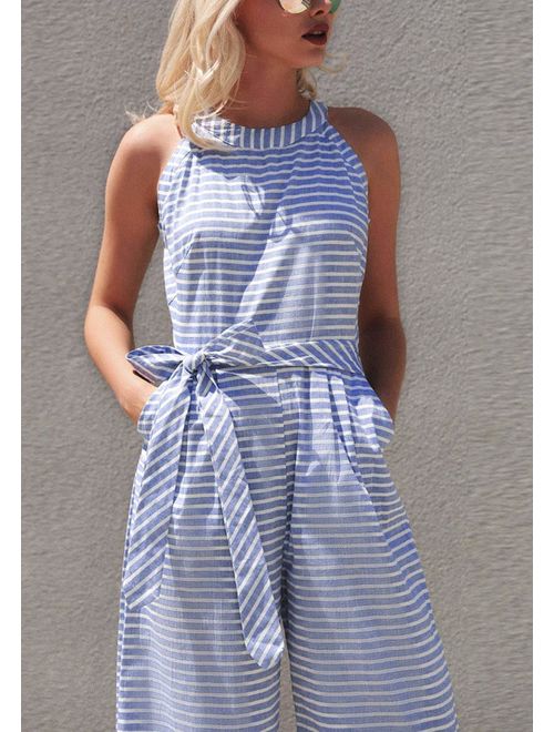 Stripete sommer-jumpsuit for damer med vide ben og V-hals – Alina