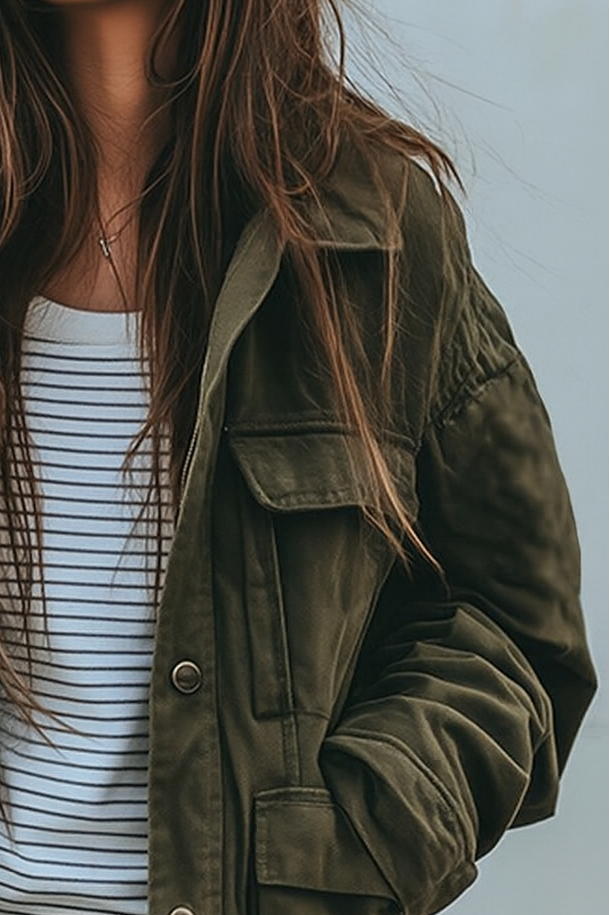 Nahaufnahme von Kragen, Schulter und Brusttasche mit Klappe der olivgrünen Jacke, getragen über einem gestreiften Shirt. 2