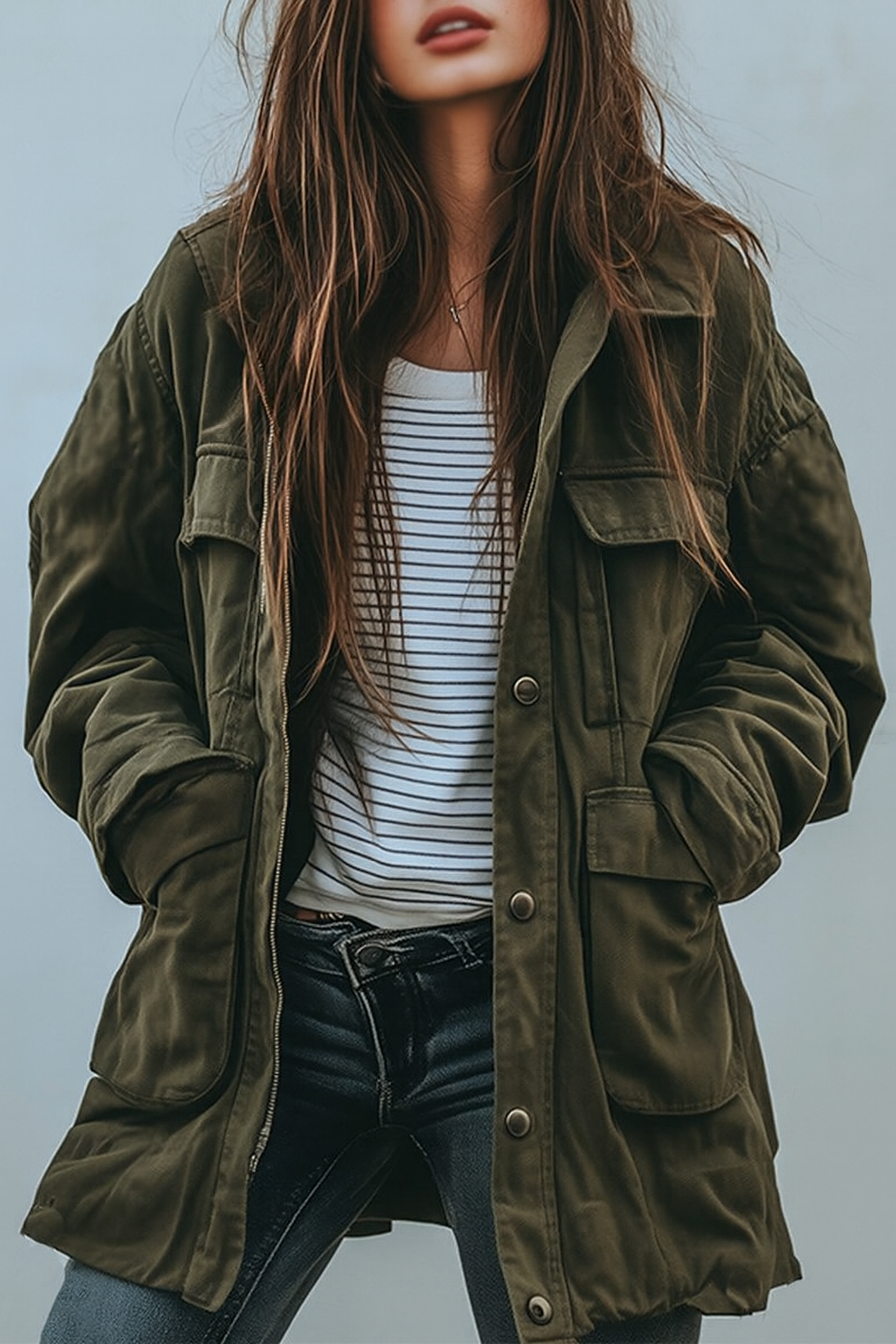Frau trägt die offene olivgrüne Jacke mit Klappentaschen über gestreiftem Shirt und dunkler Jeans, Ganzkörperansicht von vorn, Hände in den Taschen. 1