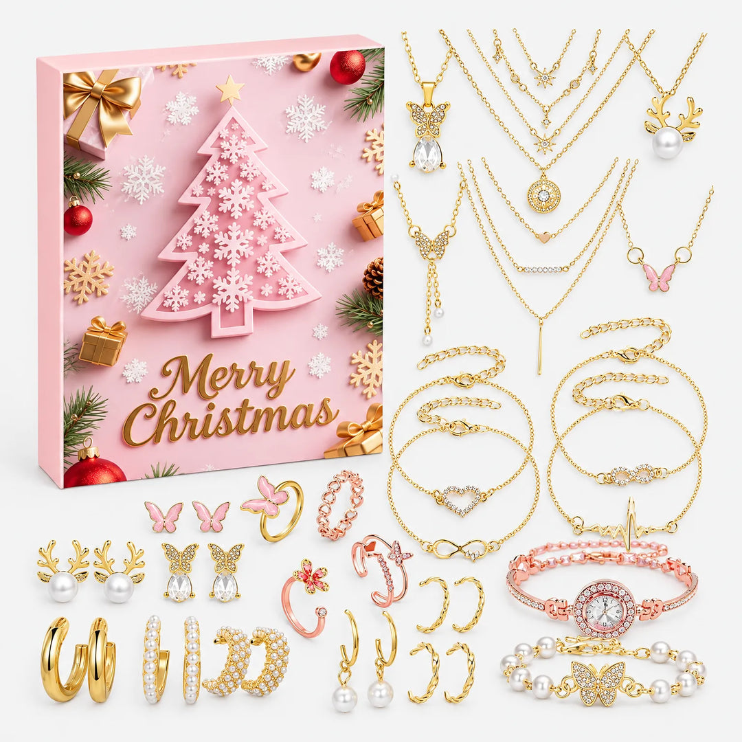 Rosafarbene Adventskalender-Schachtel mit Weihnachtsbaum, daneben ausgelegt goldfarbene Ketten, Armbänder, Ohrringe, Ringe und eine rosé Armbanduhr mit Perlen- 2