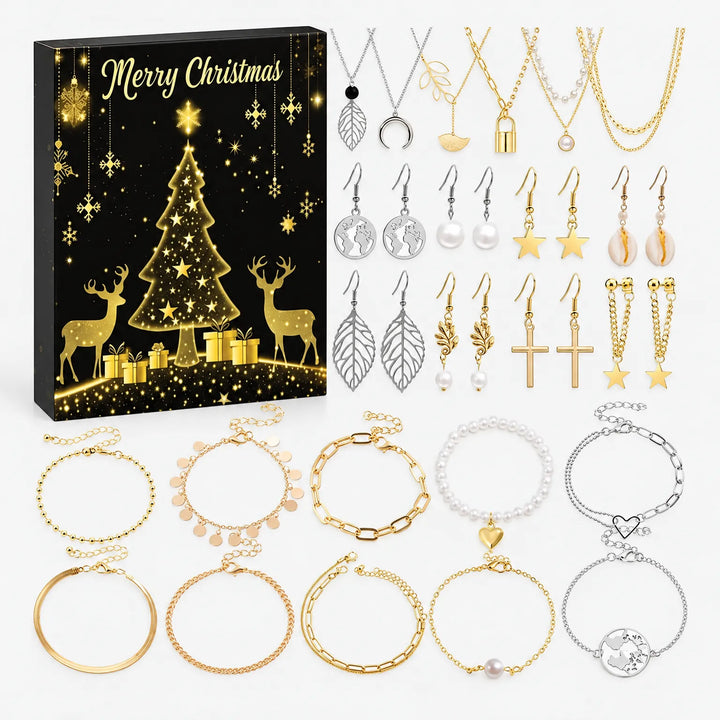 Schwarze Adventskalender-Schachtel mit goldenem Tannenbaum und Rentieren, daneben ausgelegt silber- und goldfarbene Ketten, Ohrhänger, Perlen- und Gliederarmbän 5