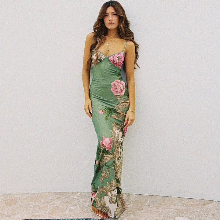 Floral Summer Maxi Dress with V-Neck and Spaghetti Straps - Alina