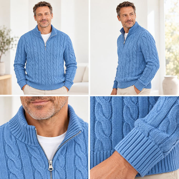 Collage von vier Bildern: hellblauer Zopfpullover von vorn und seitlich getragen, dazu Detailaufnahmen von Kragen mit Reißverschluss und gerippter Manschette. 5