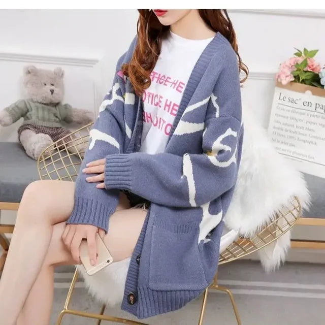 Knitted Cardigan with Playful Print and Button Placket - Nova