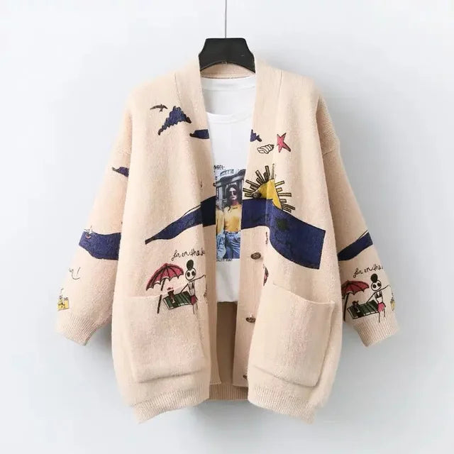 Knitted Cardigan with Playful Print and Button Placket - Nova