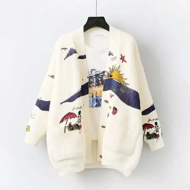 Knitted Cardigan with Playful Print and Button Placket - Nova