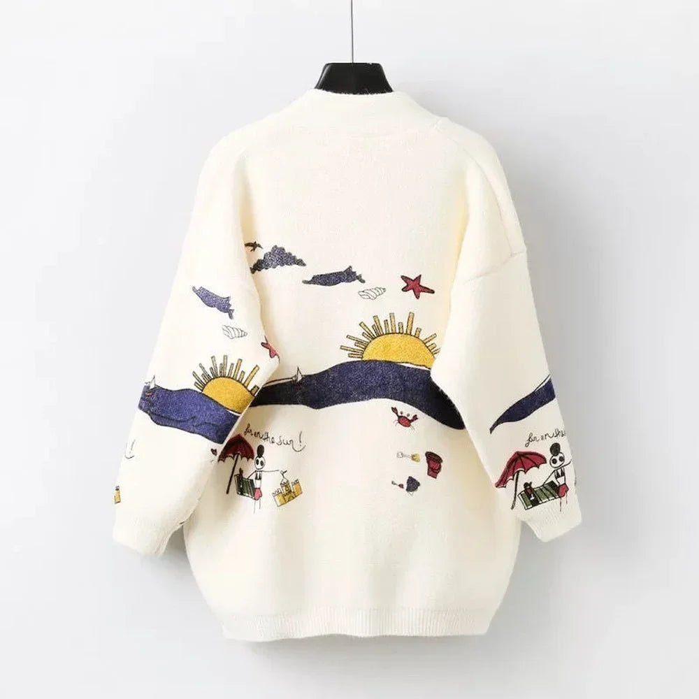 Knitted Cardigan with Playful Print and Button Placket - Nova