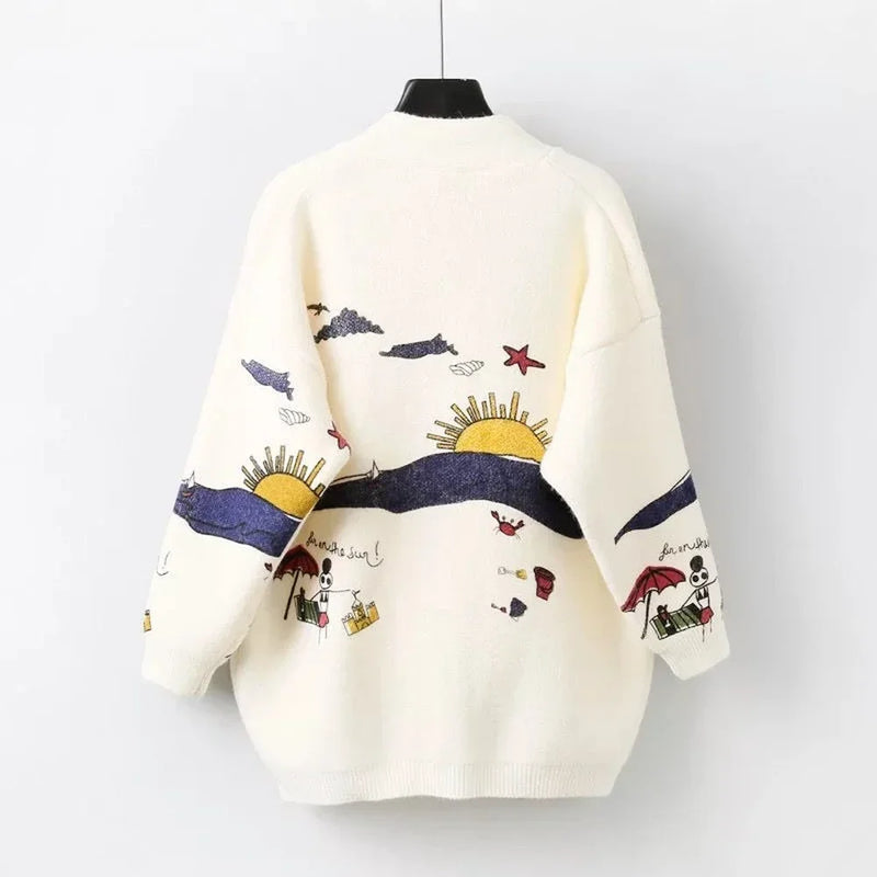 Knitted Cardigan with Playful Print and Button Placket - Nova