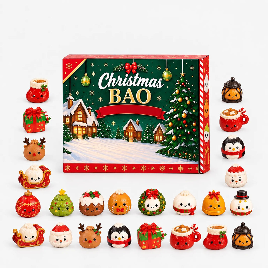 Alle Figuren des Sets einzeln ausgelegt rund um die weihnachtlich gestaltete Verpackung mit verschneitem Dorf und geschmücktem Tannenbaum. 2