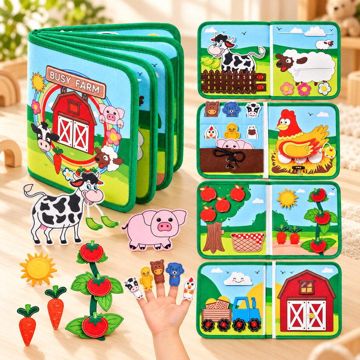 Grünes Bauernhof-Stoffbuch mit Seiten voller Tiere, Fingerpuppen, Gemüse und Traktor sowie lose Filzteile 7