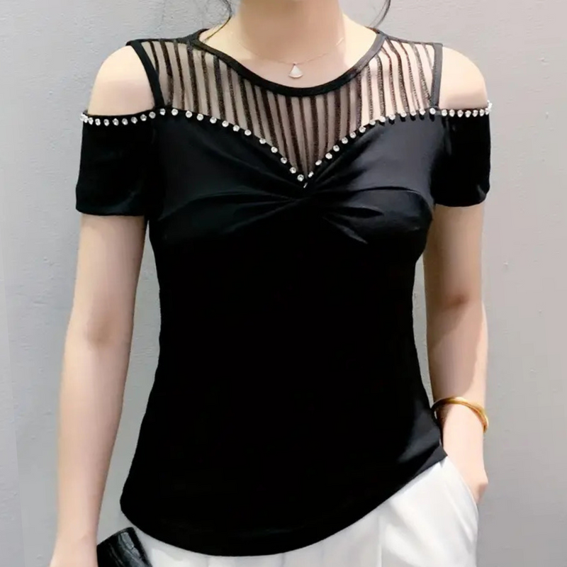 Schwarzes Damen-Oberteil mit Perlen, schulterfrei, transparentem Ausschnitt, elegant, modisch.