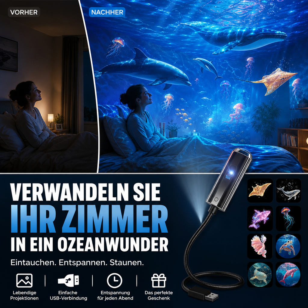 Vorher-nachher-Collage: Frau im Bett, Zimmerwand mit blauen Ozeanmotiven wie Wal, Delfin und Quallen beleuchtet, unten der 1