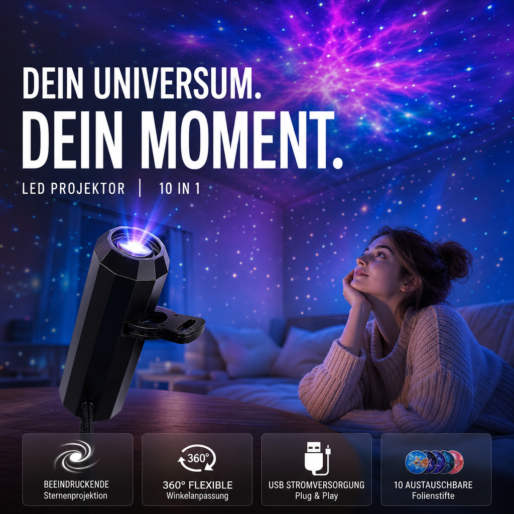 Schwarzer Projektor mit Klemme strahlt Lichtkegel, Frau liegt auf dem Sofa unter lila Sternenhimmel an der Zimmerdecke 2
