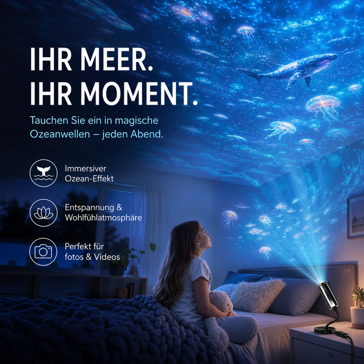 Projektor mit flexiblem Arm auf dem Nachttisch wirft Ozeanmotive mit Quallen und Wal an die Decke, Mädchen schaut zu 3