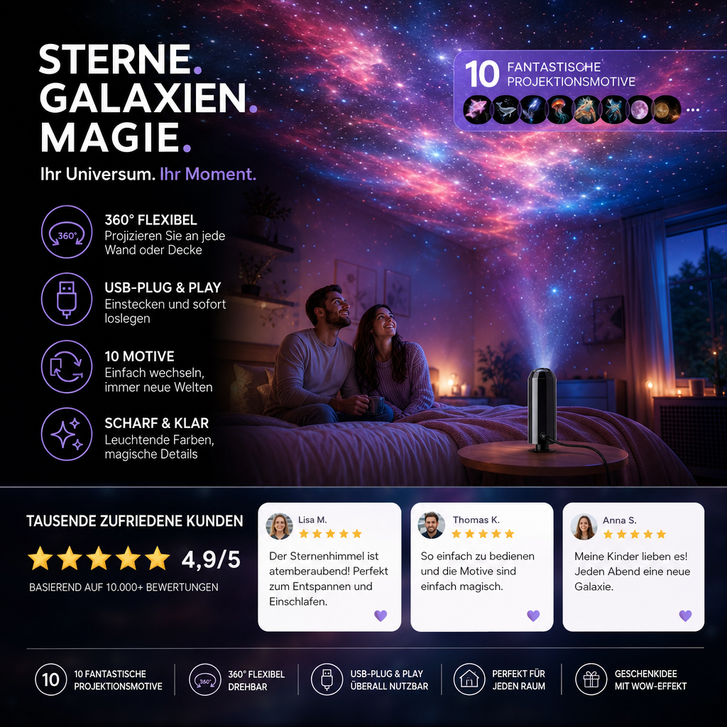 Paar sitzt im Bett und betrachtet rosa-blauen Galaxiehimmel, den der Projektor auf dem Beistelltisch an die Decke wirft 6