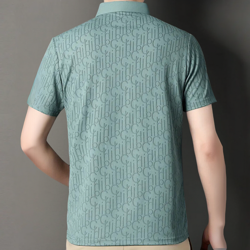 Grünes Polohemd mit Allover-Logo-Muster, Herrenmode, Kurzarm, Baumwolle.