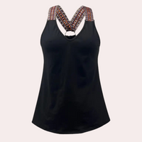 Schwarzes Damen-Top mit gemusterten Trägern, ärmellos, V-Ausschnitt, Sommermode.