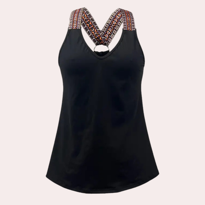 Schwarzes Damen-Top mit gemusterten Trägern, ärmellos, V-Ausschnitt, Sommermode.