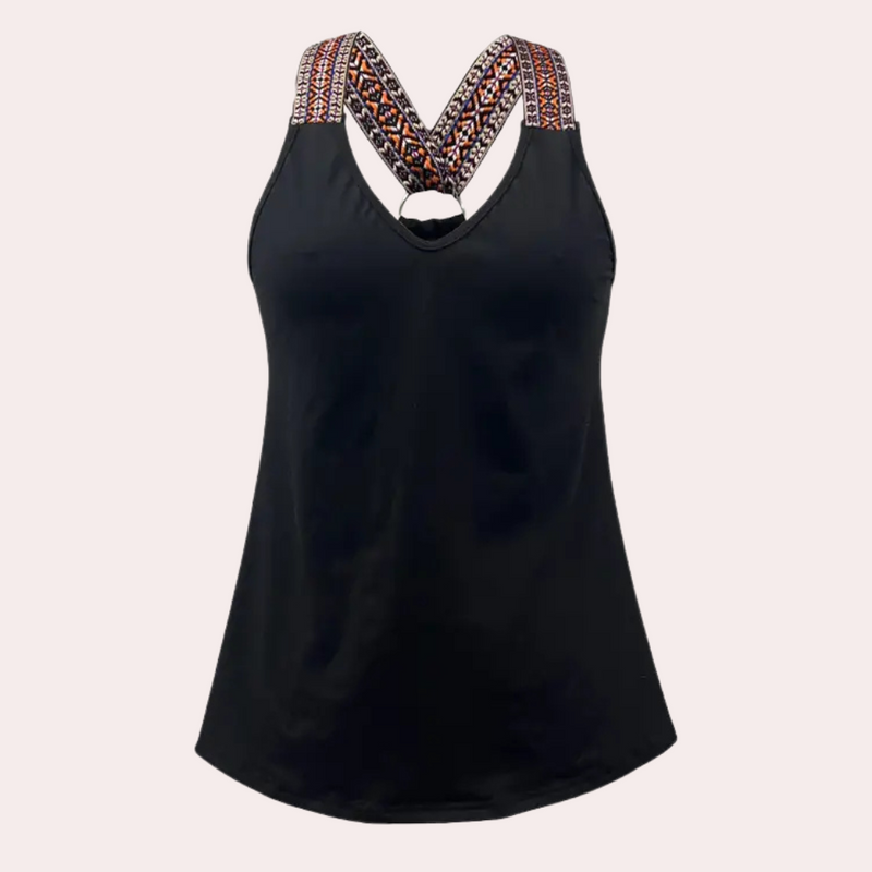 Schwarzes Damen-Top mit gemusterten Trägern, ärmellos, V-Ausschnitt, Sommermode.