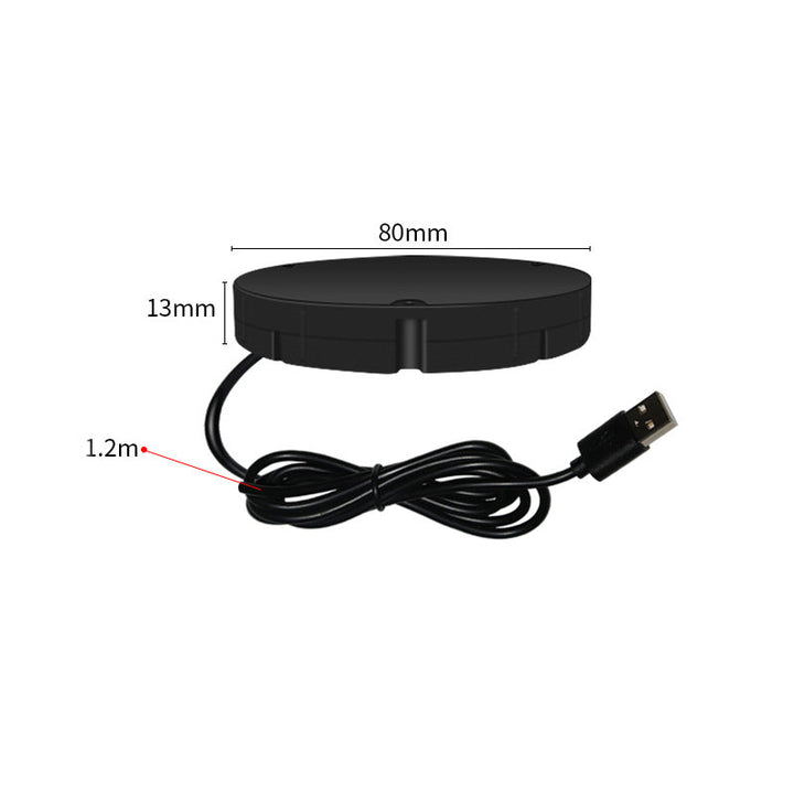 Schwarze runde Ladeeinheit mit aufgerolltem USB-Kabel, Maßangaben für Durchmesser, Höhe und Kabellänge, vor weißem Hintergrund. 9