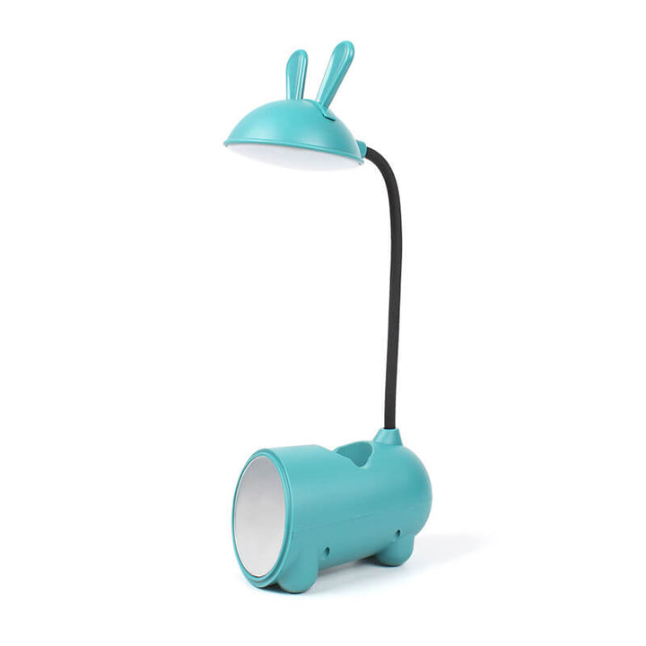 Freigestellte türkisfarbene Hasenlampe mit schwarzem Schwanenhals, Hasenohren am Lampenschirm und runder Spiegelfläche am Sockel. 4