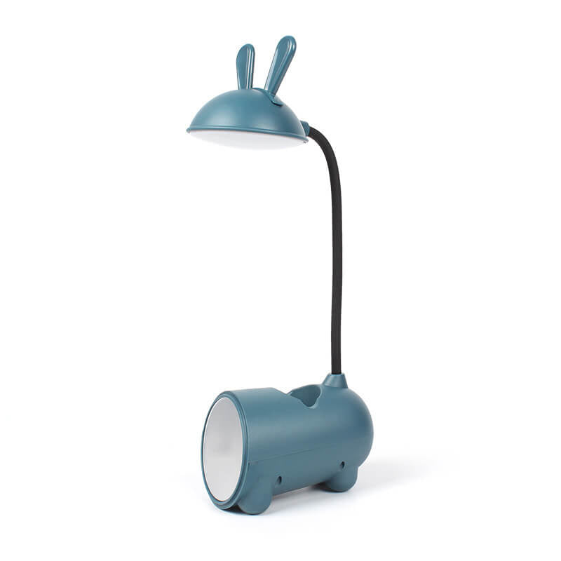 Freigestellte dunkelblaue Hasenlampe mit schwarzem flexiblem Hals, Hasenohren am Schirm und Ablagefach am Sockel. 5