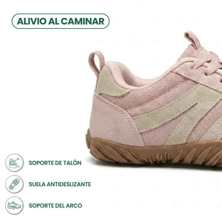 Fersenpartie des rosafarbenen Barfußschuhs im Detail, daneben Symbole für Fersenhalt, rutschfeste Sohle und Fußgewölbeunterstützung. 13