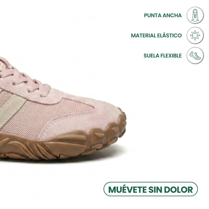 Vorderfuß des rosafarbenen Barfußschuhs im Detail, mit Symbolen für breite Zehenbox, elastisches Material und flexible Sohle. 14