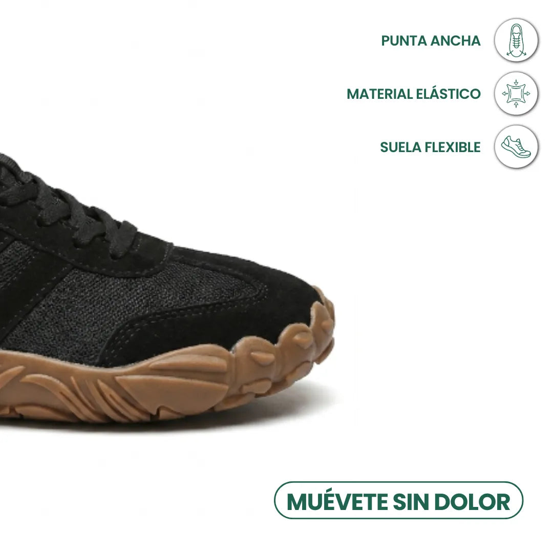 Nahaufnahme der breiten Zehenbox eines schwarzen Barfußschuhs mit heller Gummisohle; Symbole zu flexibler Sohle, elastischem Material und breiter Spitze. 23