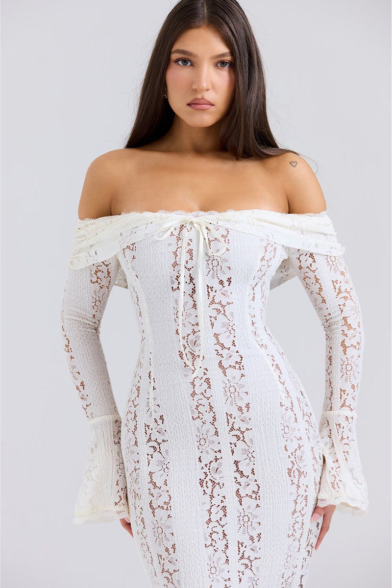 Off-shoulder summer maxi dress made of floral lace – Alondra