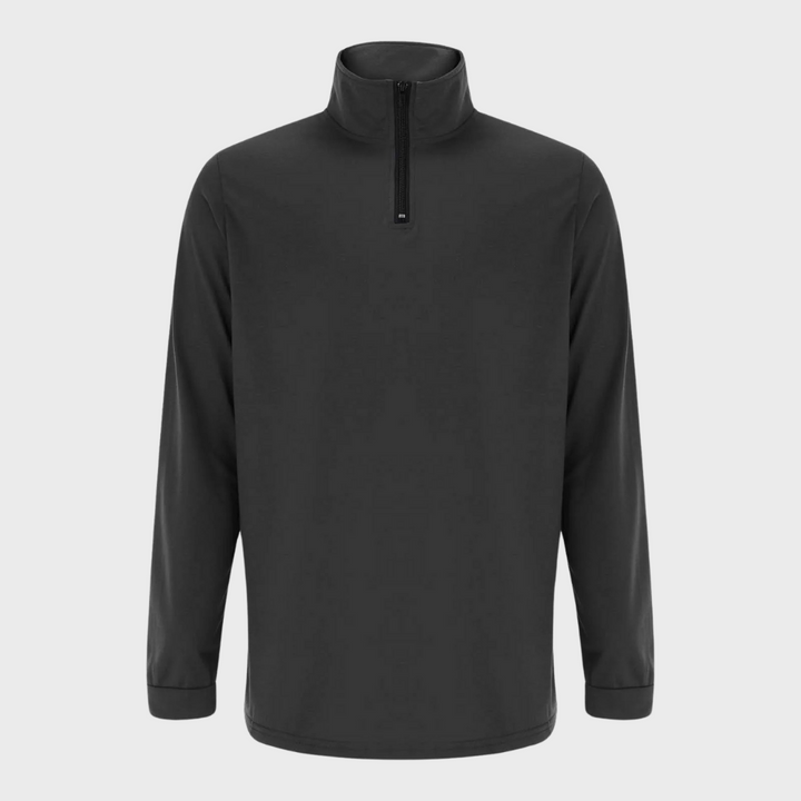 Schwarzer Herren-Pullover mit Reißverschluss, langärmelig, atmungsaktiv, sportlich.