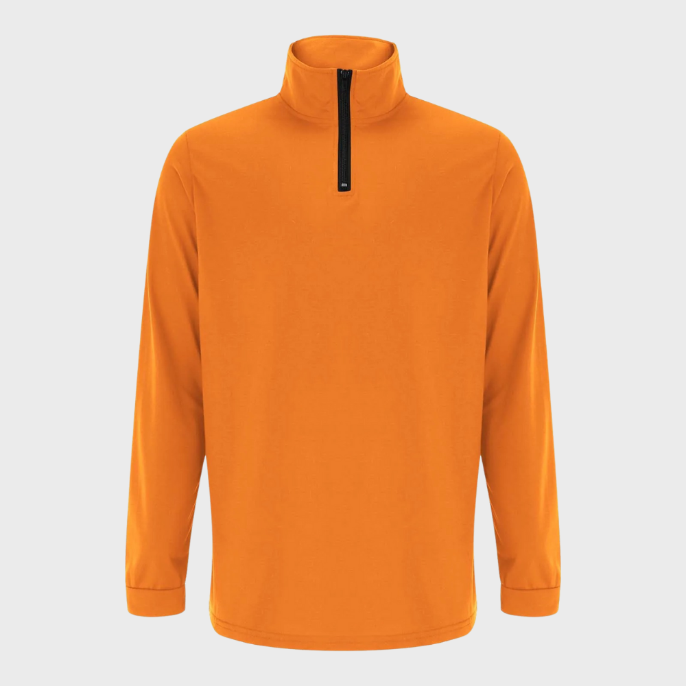 Orange Herrenpullover mit Reißverschluss, Langarm, Stehkragen, aus Baumwolle, modisch und bequem.