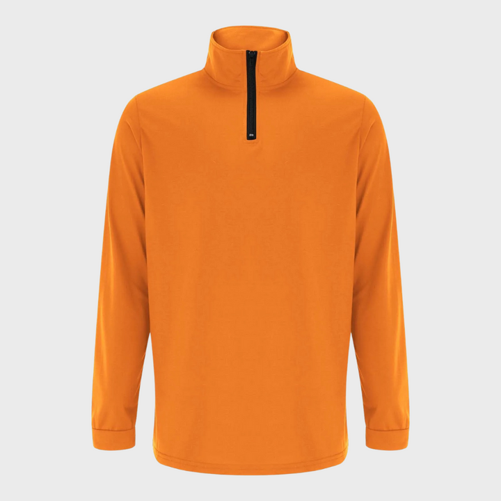 Orange Herrenpullover mit Reißverschluss, Langarm, Stehkragen, aus Baumwolle, modisch und bequem.