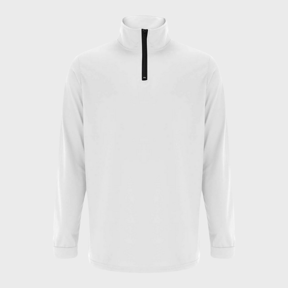 Weißer Herren-Pullover mit Reißverschluss, Langarm, Stehkragen, atmungsaktives Material.
