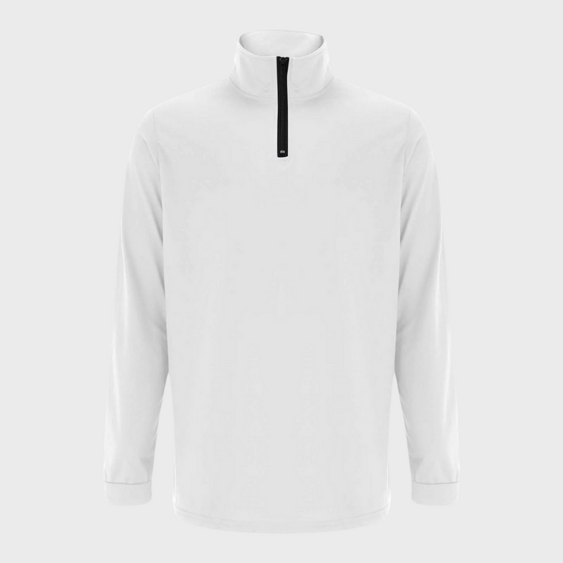 Weißer Herren-Pullover mit Reißverschluss, Langarm, Stehkragen, atmungsaktives Material.