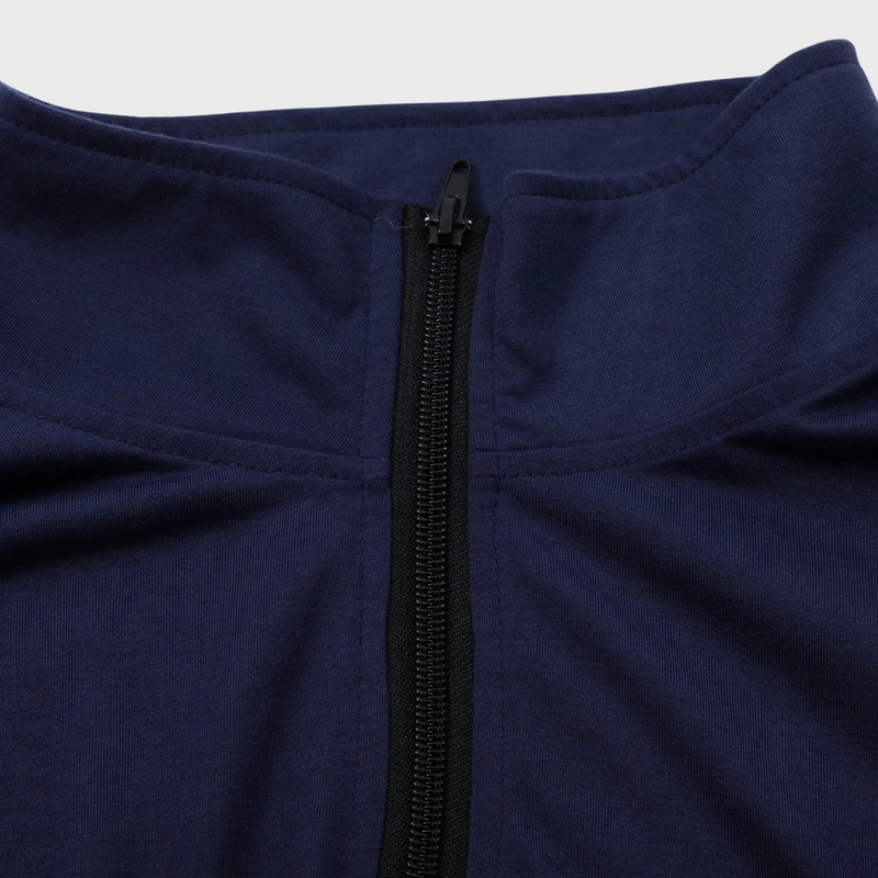 Dunkelblauer Herren-Trainingsanzug mit Reißverschluss, atmungsaktives Material, Sportbekleidung.