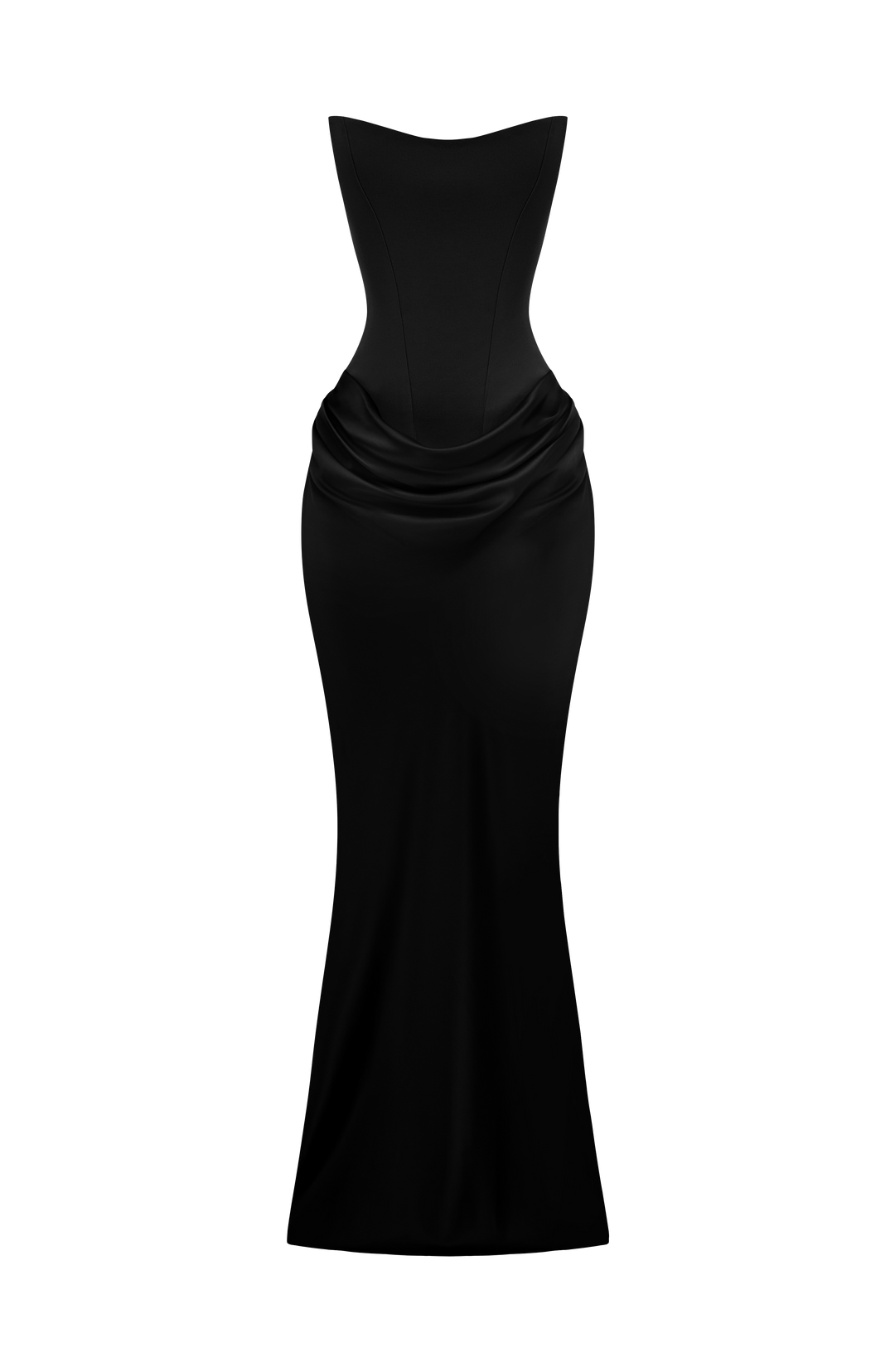 Schwarzes Kleid als Freisteller ohne Model, Korsagenoberteil und Satinrock mit drapiertem Bund 28