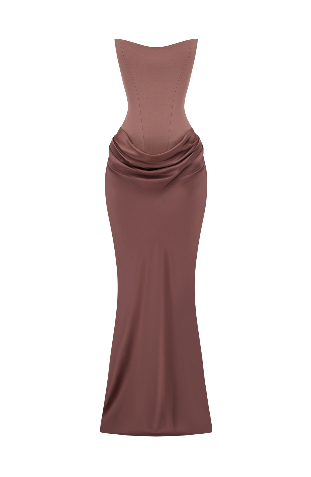 Braunes trägerloses Korsettkleid mit drapiertem Satinrock, freigestellt in der Vorderansicht ohne Model 41