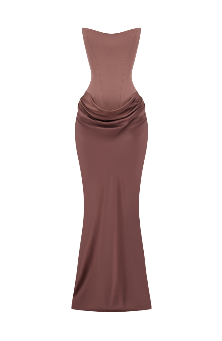 Braunes trägerloses Korsettkleid mit drapiertem Satinrock, freigestellt in der Vorderansicht ohne Model 41