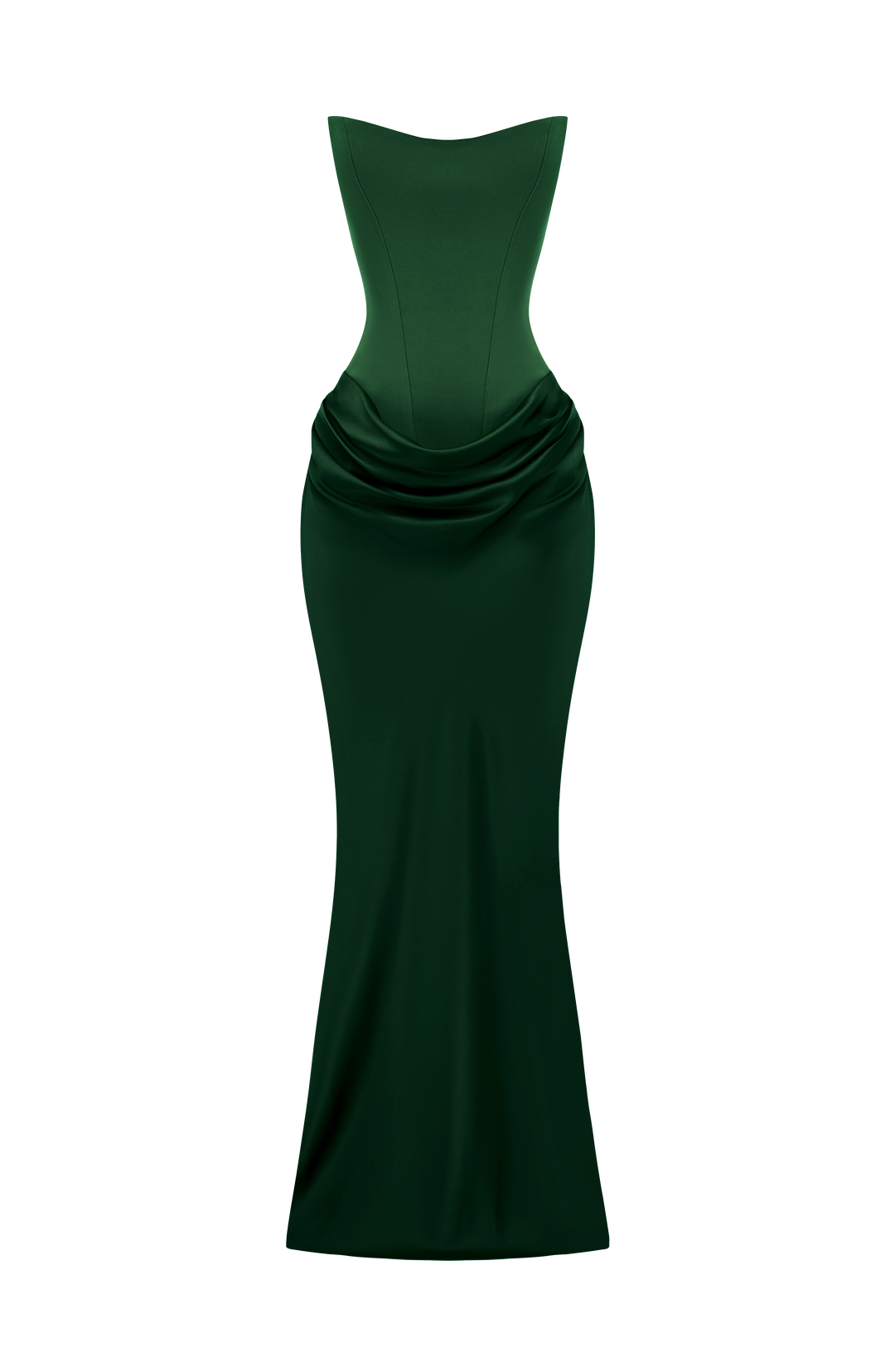 Grünes Kleid als Freisteller ohne Model, Korsage und drapierter Satinrock mit schmal auslaufendem Saum 36