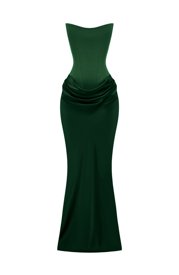 Grünes Kleid als Freisteller ohne Model, Korsage und drapierter Satinrock mit schmal auslaufendem Saum 36