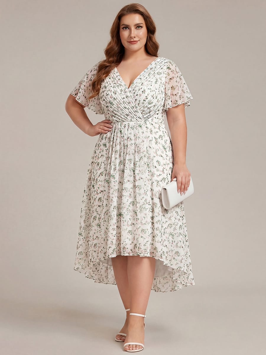 Chiffon Hoch-Tief Hochzeitsgastkleid mit V-Ausschnitt und kurzen Ärmeln 171